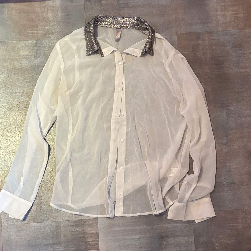 White Sheer Button Down Shirt with Sequin Collar size Medium